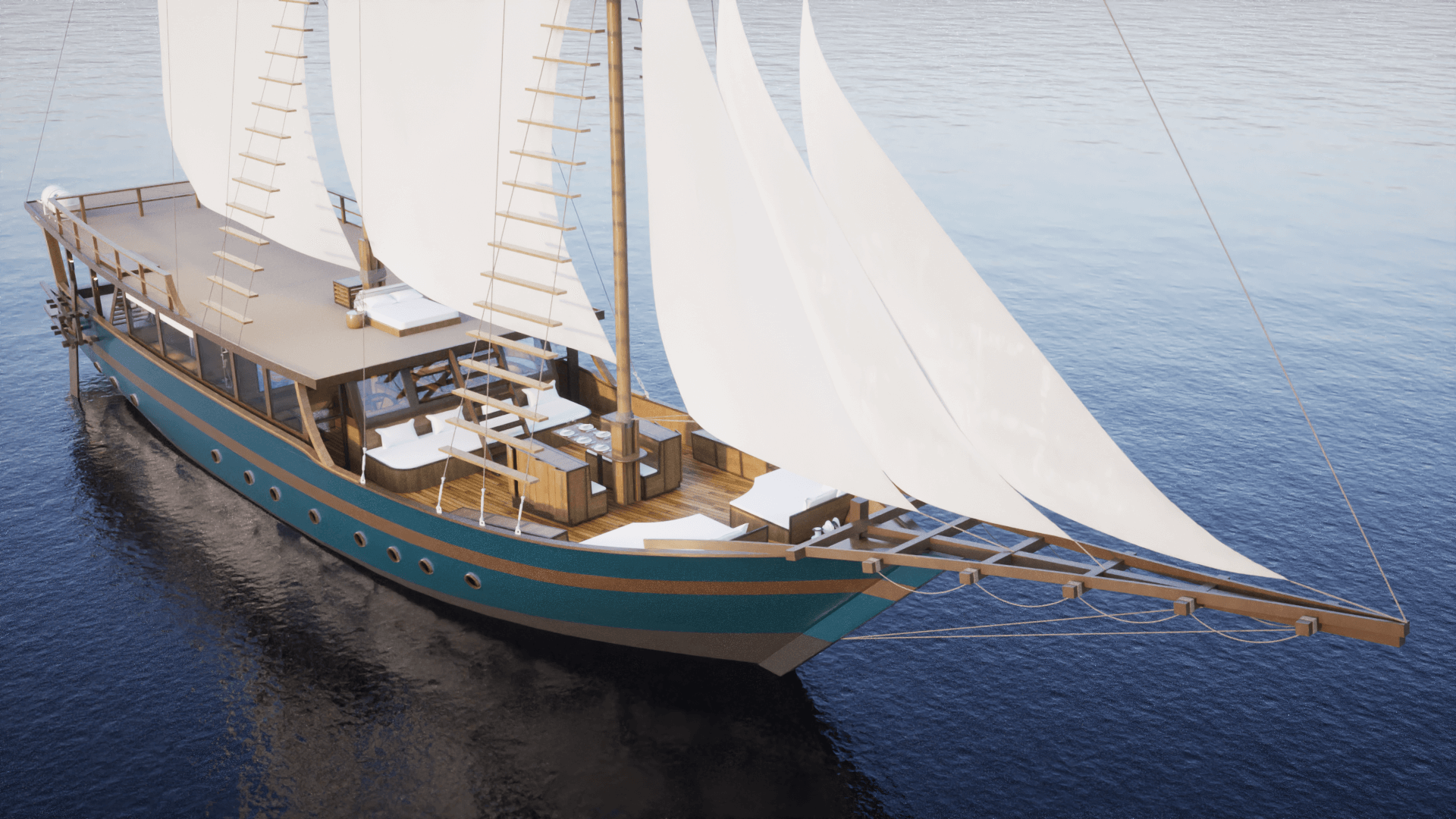 Sanya yacht's foredeck and sundeck offering comfortable lounging space with stunning ocean views.